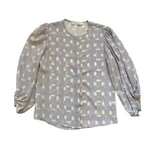 Hunter Bell Blouse Shirt Top Womens Small Blue White 3/4 Sleeve Crew Neck Silk